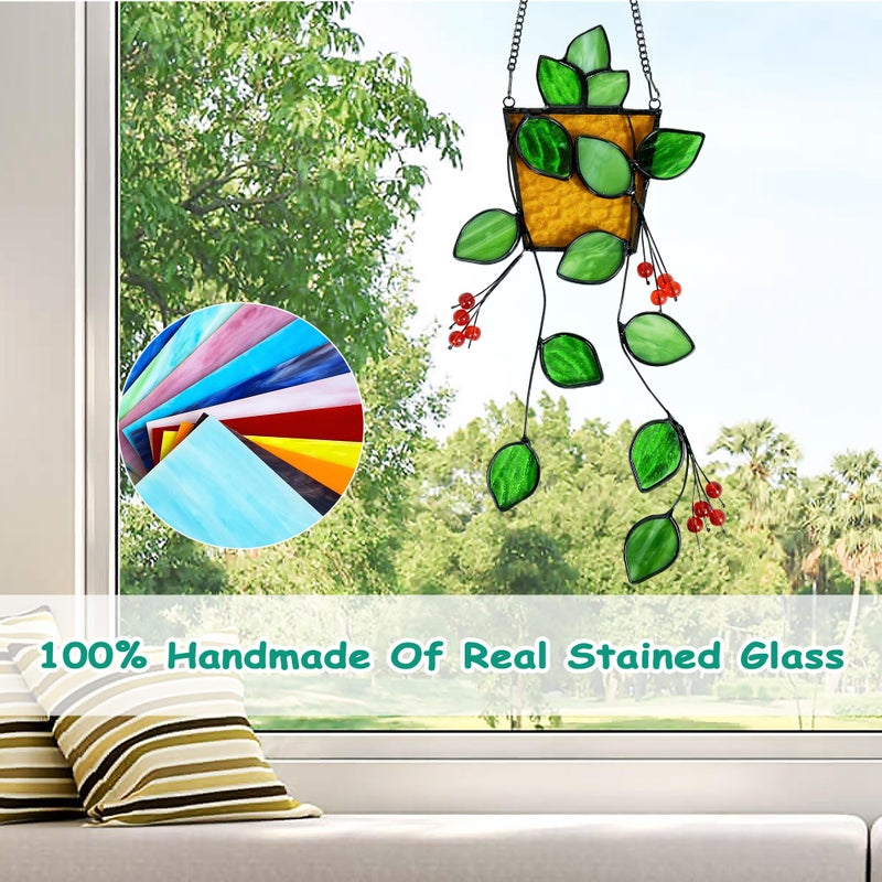 Royxen Stained Glass Window Hanging  Sun Catcher  Suncatchers for Windows Hanging  Green Plants with Yellow Pot - Image 5
